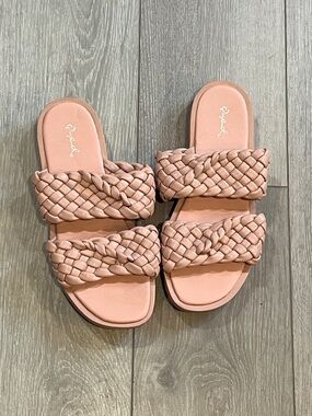 Qupid Pink Braided Double Band Slide Sandals